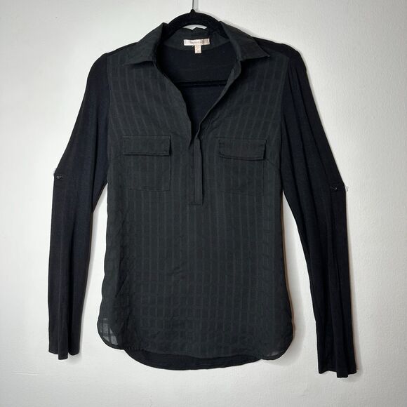 Skies Are Blue Black Stripe Stretch Front Pockets Long Sleeve Collar Blouse XS - Picture 1 of 12